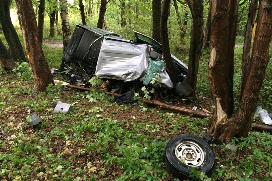 В Балтийске после удара об дерево у пикапа сплющило кабину и оторвало колесо (фото)