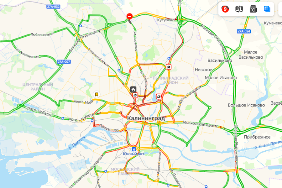Вечером в четверг Калининград встал в 9-балльных пробках