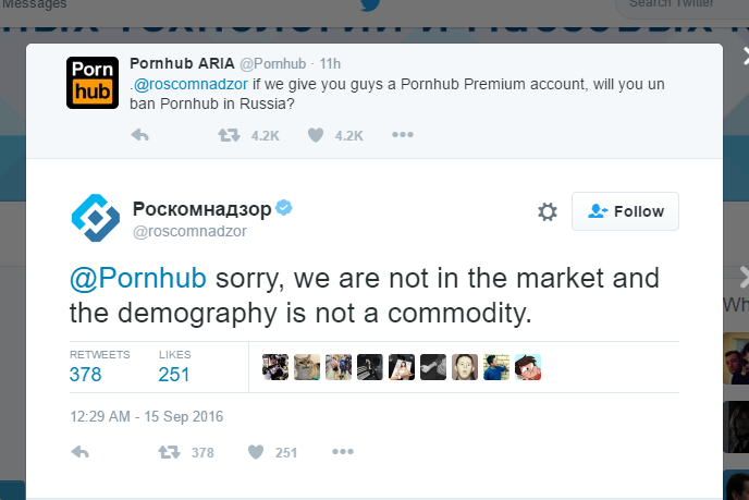 «К сожалению, мы не на рынке»: Роскомнадзор ответил Порнхабу