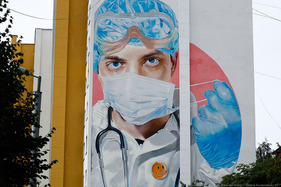 В Калининграде на фасаде девятиэтажки нарисовали врача в маске (фото)