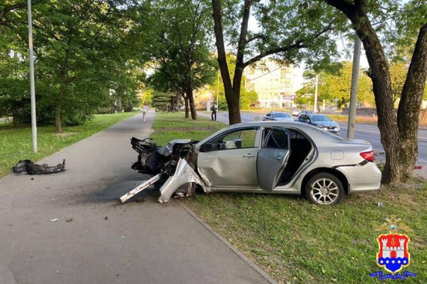 На ул. Черняховского в Калининграде «Тойота» въехала в столб и дерево: двое пострадавших (фото)