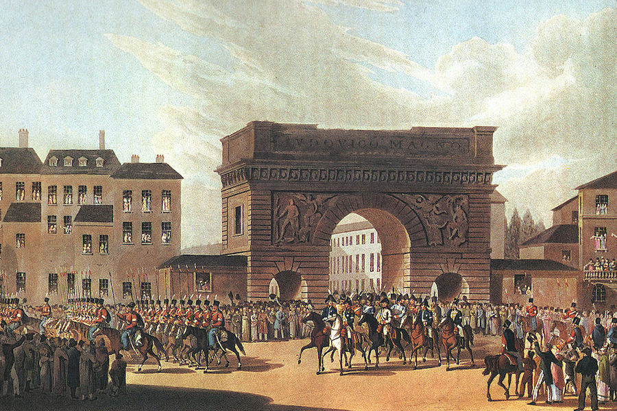 Иллюстрация: торжественное вступление союзных монархов в Париж 31 марта 1814 г. (Англия. 1815 год)