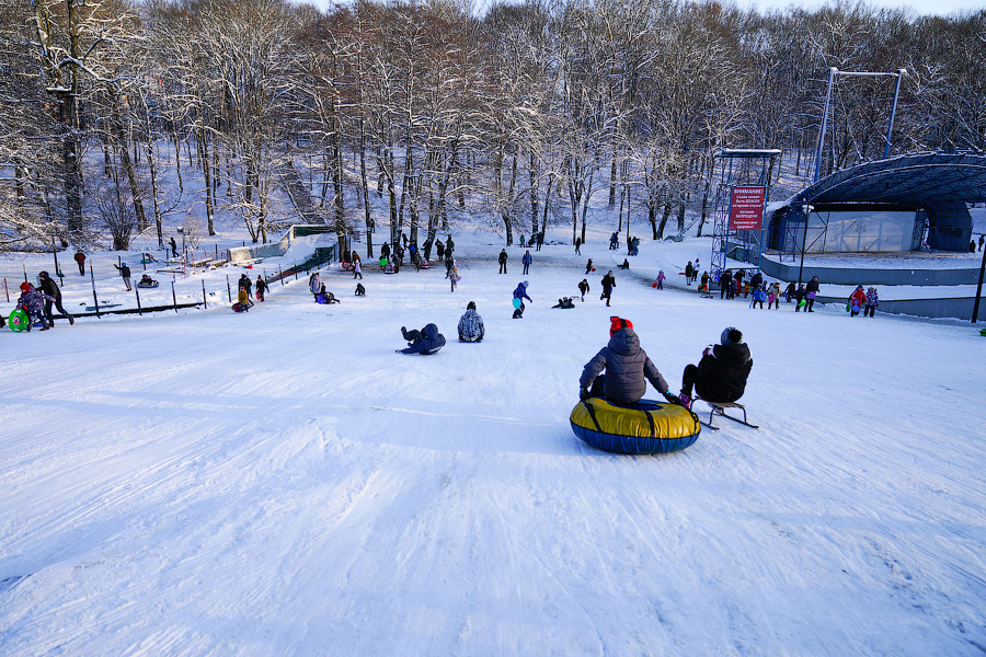 Скользя по утреннему снегу: калининградцы устроили катания с горки в Центральном парке (фото)
