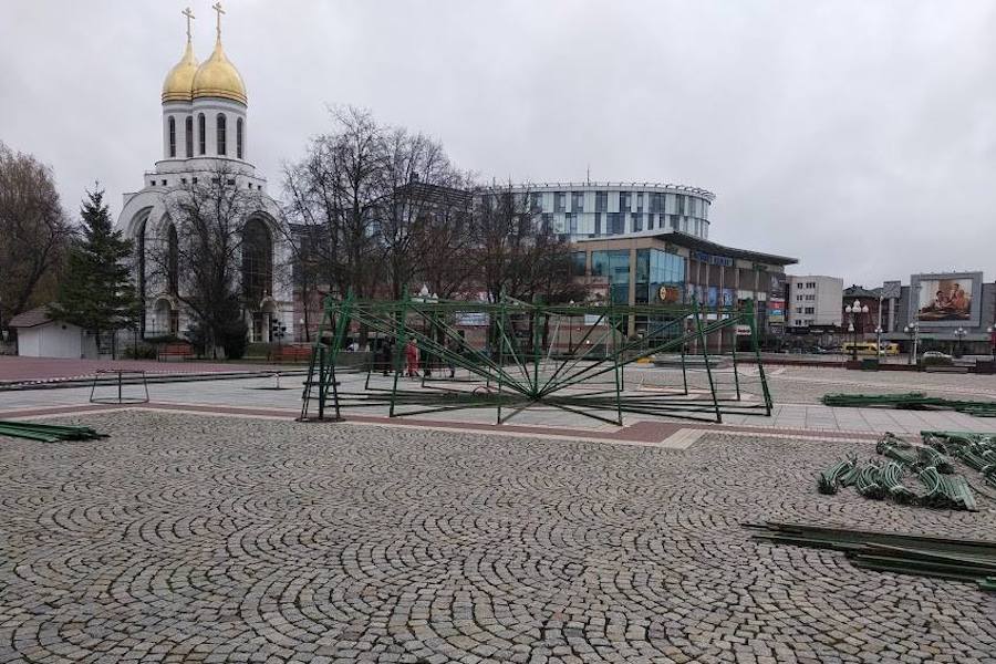 На площади Победы начали монтировать новогоднюю ель (фото)