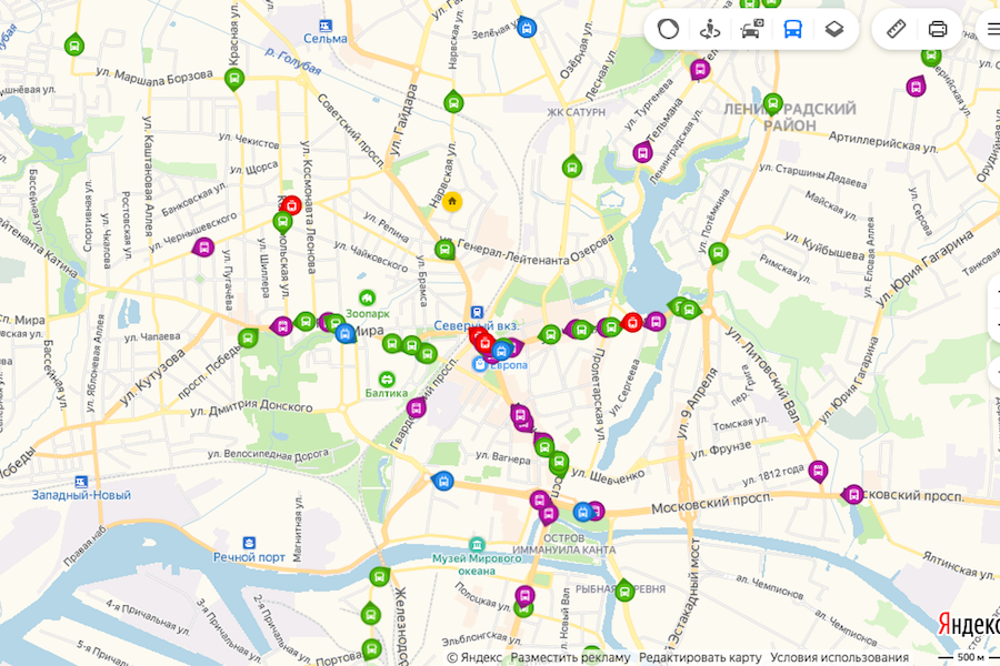 На «Яндекс.Картах» теперь видно весь общественный транспорт в Калининграде
