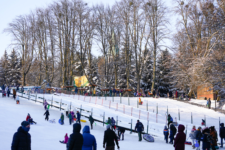 Скользя по утреннему снегу: калининградцы устроили катания с горки в Центральном парке (фото)