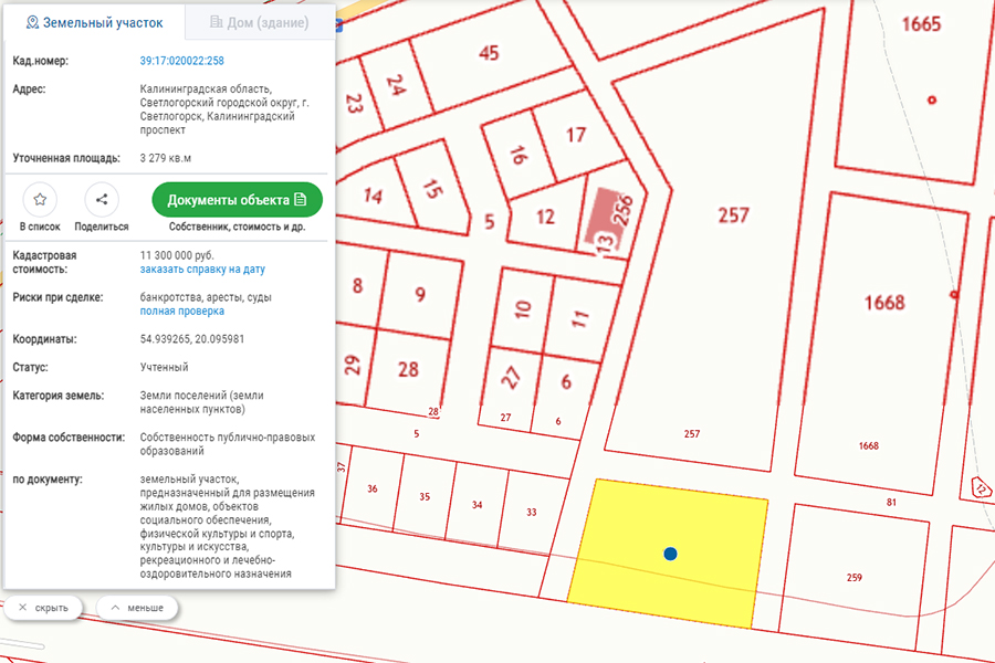 Скриншот публичной кадастровой карты